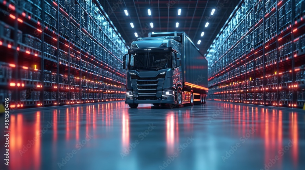 Poster a green logistics hub with advanced robotic systems for efficient truck unloading