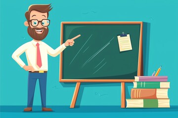 Teacher Smiling Next to Chalkboard with Speech Bubble – A Cartoon Illustration Representing Classroom Teaching, Education, and Knowledge Sharing