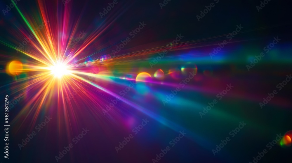 Poster a stunning display of light refracts through a prism, creating a vibrant spectrum against a solid bl