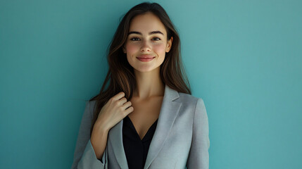 Obraz premium Smiling young businesswoman with long brown hair touching her jacket against a blue background