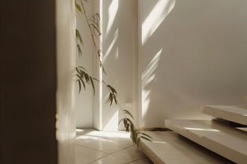 A white room with a vase of flowers on a table