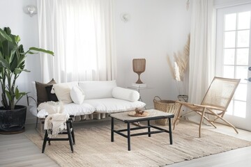A living room with a wooden coffee table and a white couch