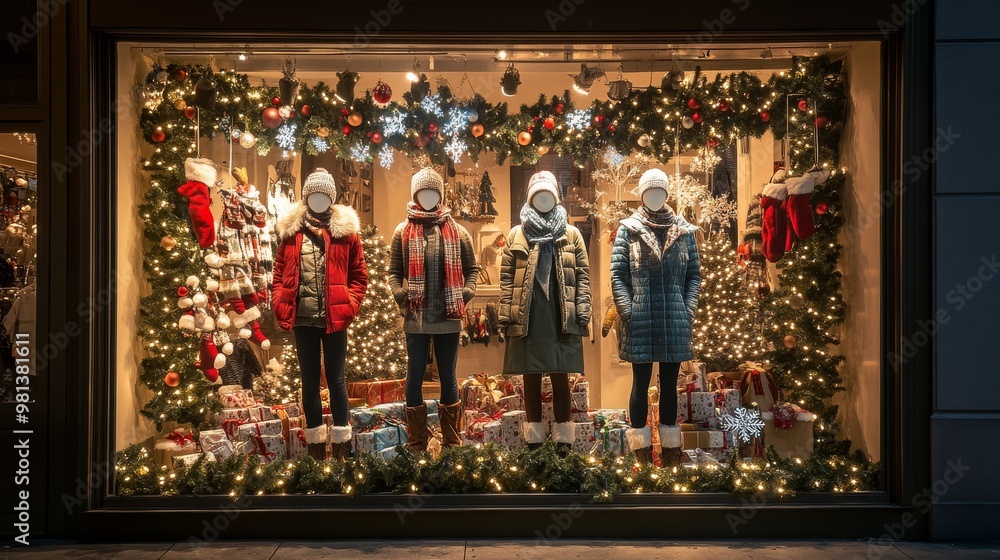 Poster the window display showcases mannequins dressed in warm winter attire, surrounded by a vibrant array