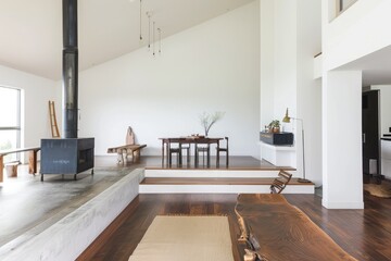 A living room with a fireplace and a coffee table