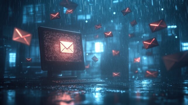 Computer with glowing envelope icon and red envelopes in the air.