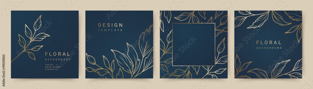 Wall mural Elegant luxury blue background with hand drawn gold flower pattern. Floral frame. Vector templates for social media post, wedding invitation, greeting card, packaging, branding, design