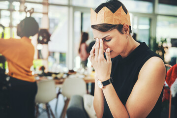 Celebration, woman and stress with phone call in office for crisis, mistake and headache at social gathering. Person, bad news and talking on smartphone with work problem, trouble and disappointment