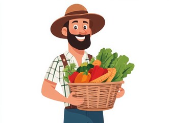 A young farmer holding a basket full of vegetables, a happy man wearing a hat and gloves, isolated on a white background. farmer's day