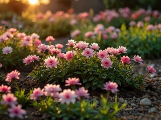 Flowerbed with blooming pink flowers in the garden at sunset.