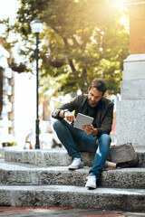 Obraz premium Man, relax and tablet for travel in city with online research, location navigation and reading website of direction. Male person, rest and step with digital for social media, communication and map