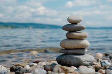 stones and rocks stacked on each other on the beach with sea in the background, representing balance and harmony