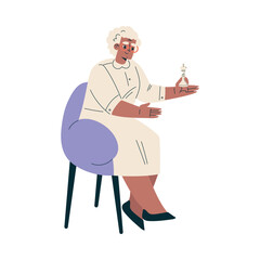 Senior Woman Character Sit on Armchair Play Chess Vector Illustration