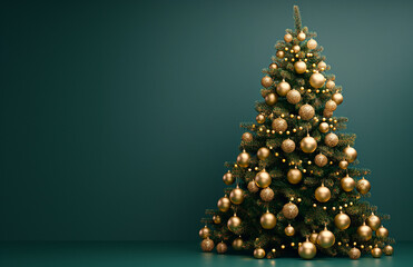 A beautifully decorated Christmas tree on green background with copy space for text
