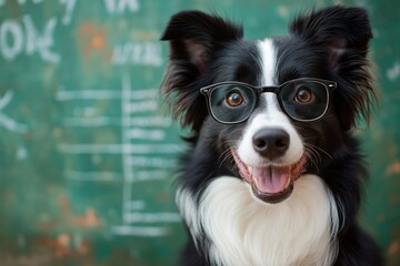 Fototapeta premium A black and white dog wearing glasses smiles in front of a green chalkboard.