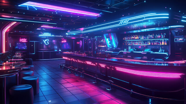 A futuristic bar with neon lights, a glowing stage, and a dance floor.  It's a vibrant, modern club with a retro cyber feel.