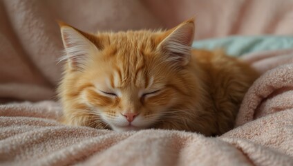 Fluffy orange kitten sleeping on a pastel blanket, enjoying a peaceful rest.
