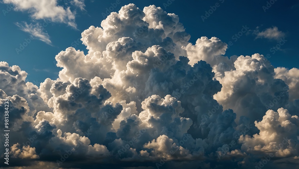 Sticker Fluffy white clouds against a bright blue sky, perfect for tranquility.