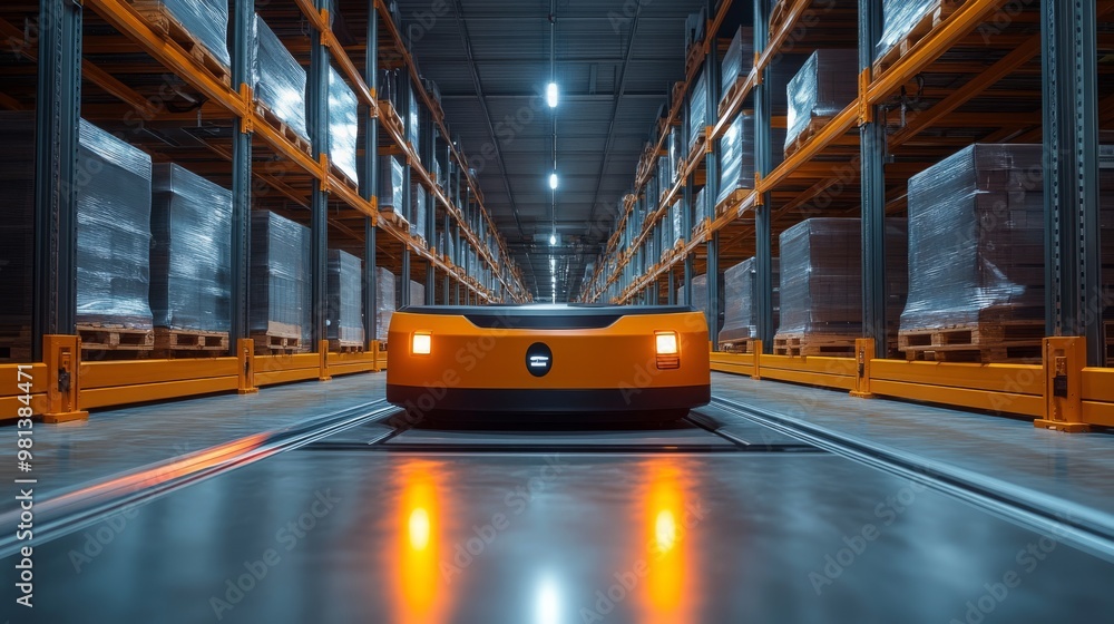 Poster robotic system navigating energy-efficient pathways in a modern warehouse environment