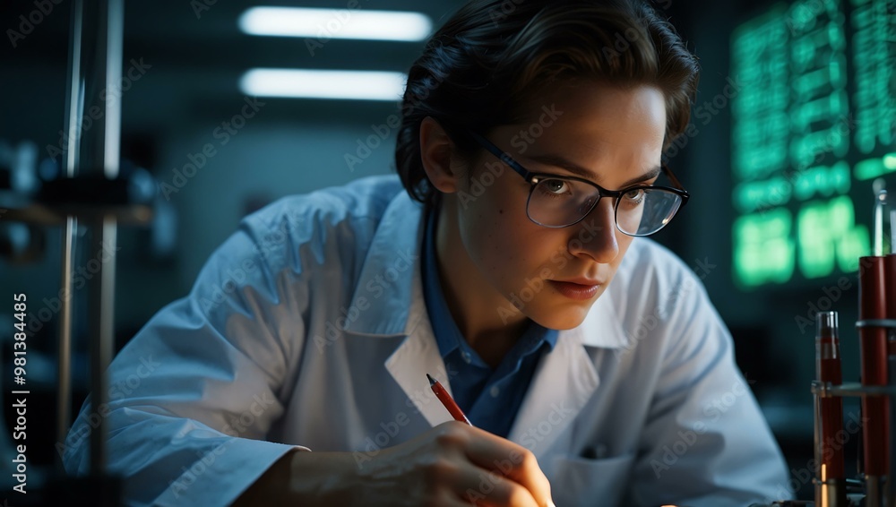 Poster focused scientist examining a glowing circuit with a pen in a lab.
