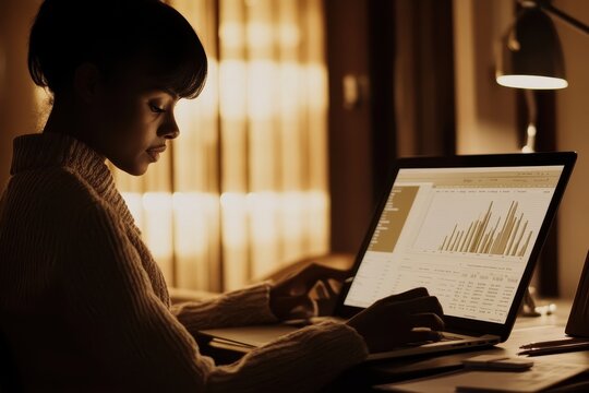 an African American woman in a sleek, contemporary office, sitting at her desk while analyzing detailed financial data on her laptop screen. - Powered by Adobe