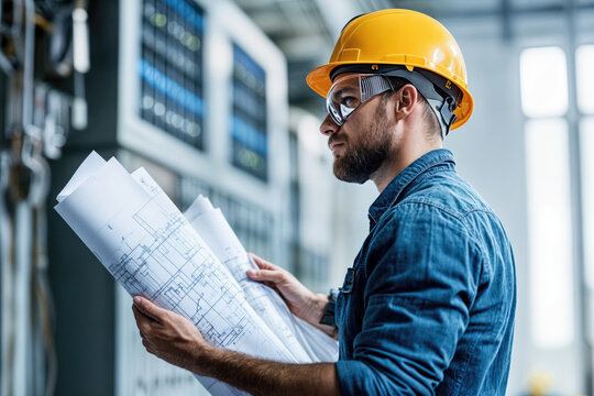 Industrial engineer holding blueprints and inspecting equipment in factory