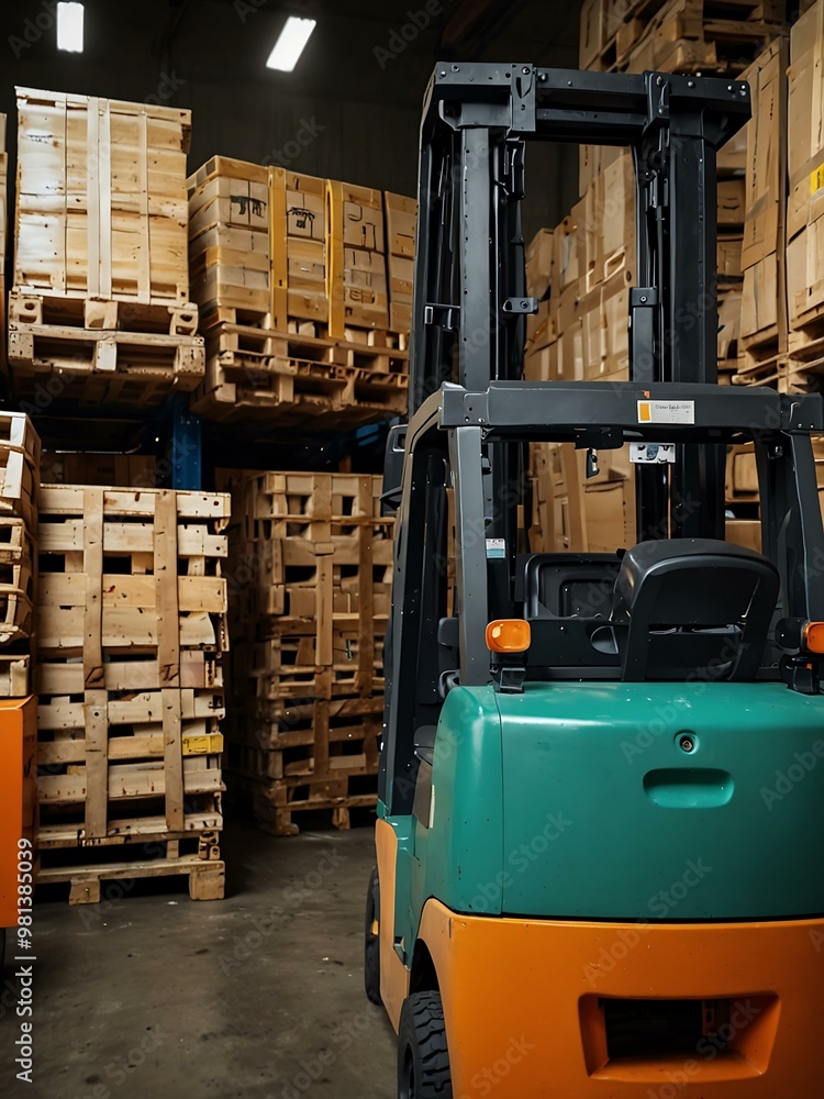 Poster forklift in action, efficiently stacking pallets in a dynamic warehouse scene.