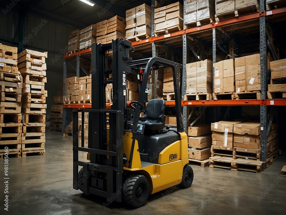 Poster forklift in action, efficiently stacking pallets in a dynamic warehouse.