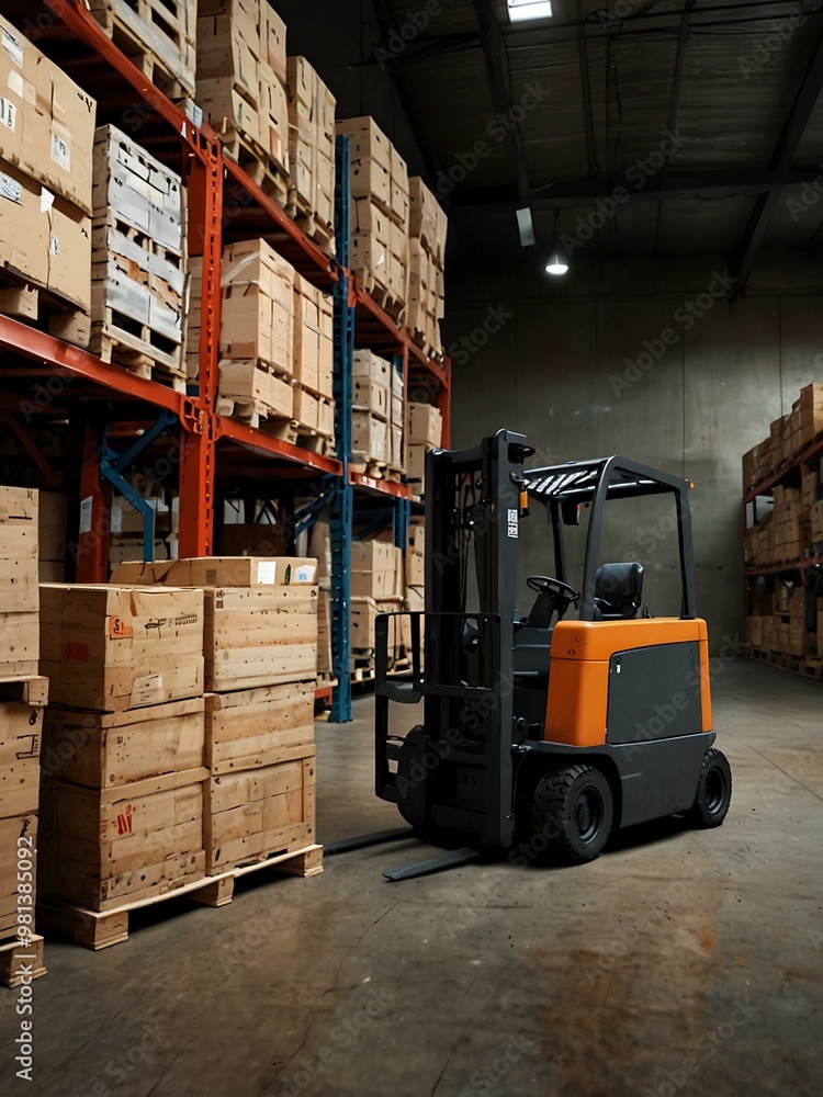 Poster forklift loading pallets efficiently in a dynamic warehouse scene.