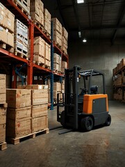 Forklift loading pallets efficiently in a dynamic warehouse scene.