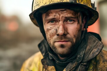 Fototapeta premium portrait of dirty firefighter man wearing his helmet and rescue uniform