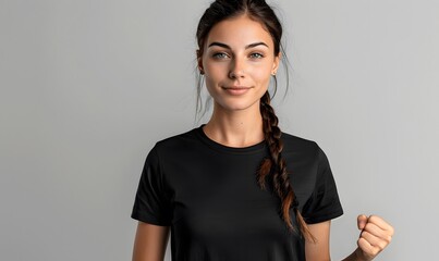 Confident Woman in Black T-shirt with Braided Hair and Fist Pump