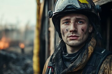portrait of dirty firefighter man wearing his helmet and rescue uniform