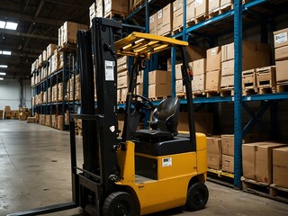 Forklift moving goods in a busy warehouse with high shelves.