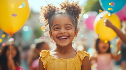 Children having fun at a birthday party in the park, a group of kids playing with balloons and streamers on the street