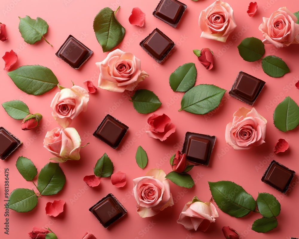 Sticker Flat lay composition with pink roses, green leaves, and chocolate squares on a pink background.