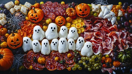 Fototapeta premium A festive Halloween platter featuring ghost-shaped treats, pumpkins, and assorted meats and fruits, perfect for celebrations.
