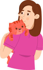 Pink Orange hand drawing woman hugging a cat vector illustration