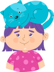 Blue Magenta hand drawing girl with a cat vector illustration
