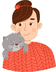 The Orange  hand drawing woman with a gray cat vector illustration