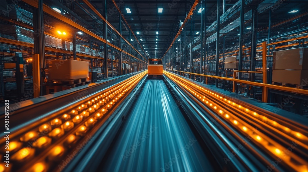 Poster automated mobile robots navigating a warehouse with dynamic lighting at night