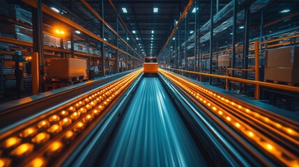 Fototapeta premium Automated mobile robots navigating a warehouse with dynamic lighting at night