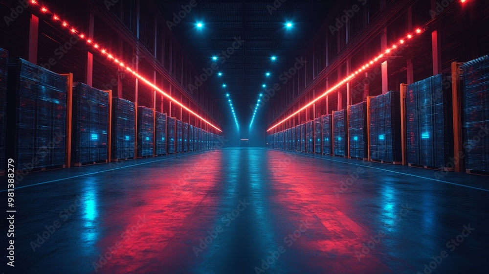 Aufkleber automated mobile robots navigate a dark warehouse illuminated by colorful lights at night