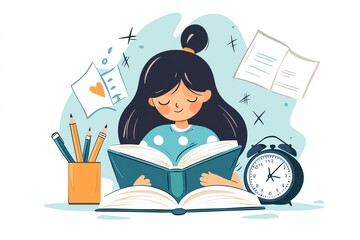 Reading a Book with Study Elements - A Calming Illustration Highlighting Time Management, Focus, and the Joy of Learning