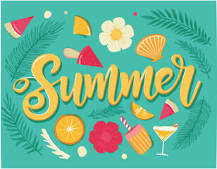 vector illustration lettering summer rich colors, water color, trendy, fun, popular, Fresh