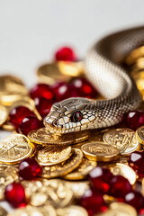 Naklejka premium Beautiful snake lies on gold coins and rubies. Minimalistic style