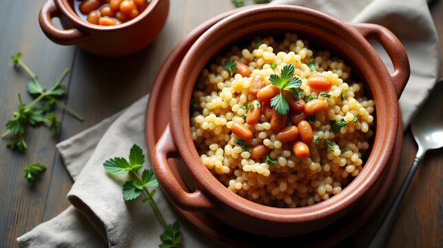 Rustic samp and beans garnished with fresh herbs (South African Cuisine)