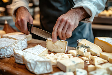 Cheese seller slicing fresh cheese wheel with knife on chopping board