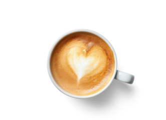 Cup of coffee with heart shaped latte art on top, view from above, isolated on transparent background. Generative AI