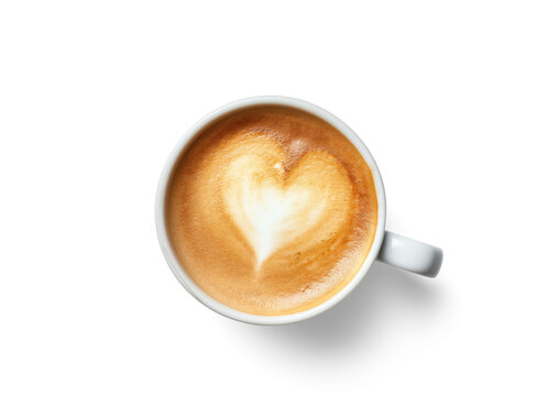 Cup of coffee with heart shaped latte art on top, view from above, isolated on transparent background. Generative AI