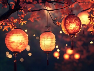 Obraz premium Luminous Lanterns Hanging Among Autumn Leaves in a Cozy Outdoor Scene